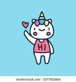 Cute unicorn with hello gesture illustration. Vector graphics for t-shirt prints and other uses.