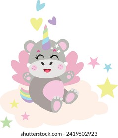 Cute unicorn hippo sitting on cloud