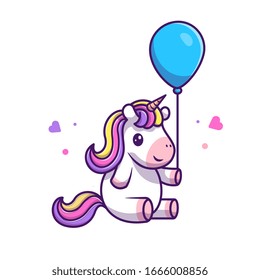 Cute Unicorn Hold Balloon Vector Icon Illustration. Unicorn Mascot Cartoon Character. Animal Icon Concept White Isolated. Flat Cartoon Style Suitable for Web Landing Page, Banner, Flyer, Sticker, Card