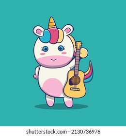cute unicorn holding acoustic guitar, suitable for children's books, birthday cards, valentine's day, stickers, book covers, greeting cards, printing.