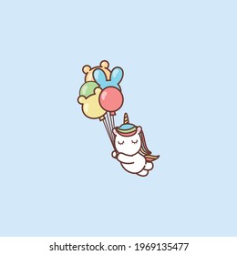 Cute unicorn holding balloons, vector illustration