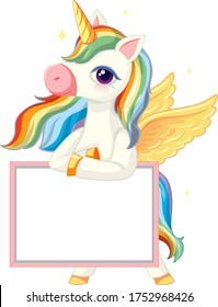 Cute unicorn holding blank banner template illustration