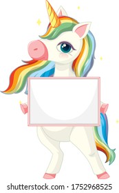 Cute unicorn holding blank banner template illustration