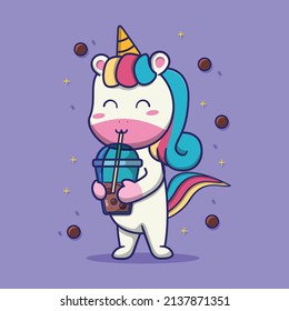 cute unicorn Holding Boba Milk Tea Cartoon Vector Icon Illustration. suitable for children's books, birthday cards, valentine's day, stickers, book covers, greeting cards, printing.