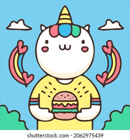 Cute unicorn holding burger illustration. Vector graphics for t-shirt prints and other uses.