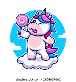 Cute Unicorn Holding Candy On Cloud Cartoon Vector Icon Illustration. Animal Nature Icon Concept Isolated Premium Vector. Flat Cartoon Style