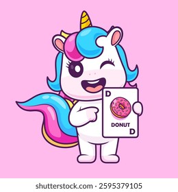 Cute Unicorn Holding Donut Card Game Cartoon Vector Icon Illustration. Animal Education Icon Concept Isolated Premium Vector. Flat Cartoon Style