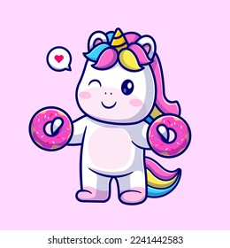 Cute Unicorn Holding Donut Cartoon Vector Icon Illustration. Animal Food Icon Concept Isolated Premium Vector. Flat Cartoon Style