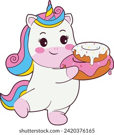 Cute Unicorn Holding Donut Illustration