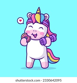 Cute Unicorn Holding Dumbbell And Eating Donut Cartoon Vector Icon Illustration. Animal Sport Icon Concept Isolated Premium Vector. Flat Cartoon Style