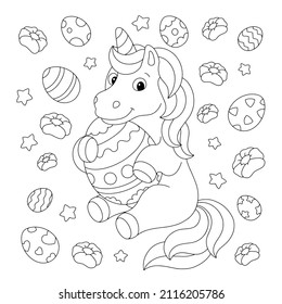 A cute unicorn is holding an Easter egg. Coloring book page for kids. Cartoon style character. Vector illustration isolated on white background.