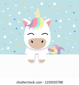 Cute unicorn holding empty blank board