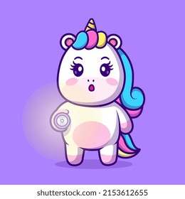 Cute Unicorn Holding Flashlight Cartoon Vector Icon Illustration. Animal Nature Icon Concept Isolated Premium Vector. Flat Cartoon Style