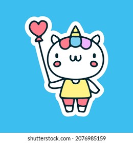 Cute unicorn holding hear balloon illustration. Vector graphics for t-shirt prints and other uses.