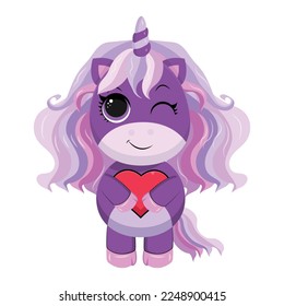 Cute Unicorn Holding Heart Cartoon Vector Icon Illustration. Animal Nature Icon Concept Isolated Premium Vector. Flat Cartoon Style