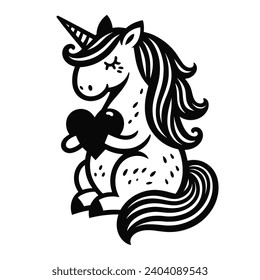 cute unicorn holding a heart cartoon simple vector illustration line art