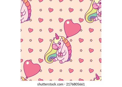 Cute Unicorn Holding a Heart shaped Balloon with Hearts and Stars Pattern Background