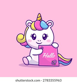 Cute Unicorn Holding Hello Banner Cartoon Vector Icon Illustration. Animal Nature Icon Concept Isolated Premium Vector. Flat Cartoon Style