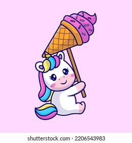 Cute Unicorn Holding Eis Cream Kon Ballon Cartoon Vektorsymbol Illustration. Tierisches Lebensmittelsymbol Konzept isolierter Premium-Vektorgrafik. Flachbildkartonstil