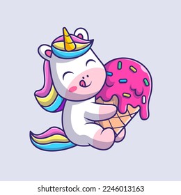 Cute Unicorn Holding Ice Cream Cone Cartoon Vector Icon Illustration. Animal Food Icon Concept Isolated Premium Vector. Flat Cartoon Style