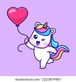 Cute Unicorn Holding Love Balloon Cartoon Vector Icon Illustration. Animal Nature Icon Concept Isolated Premium Vector. Flat Cartoon Style