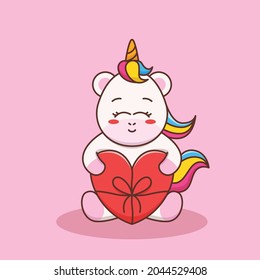 cute unicorn holding love gift illustration