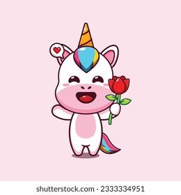 cute unicorn holding rose flower cartoon vector illustration.