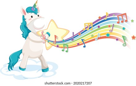 Cute unicorn holding star with melody symbols on rainbow illustration
