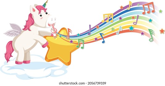 Cute unicorn holding star with melody symbols on rainbow illustration