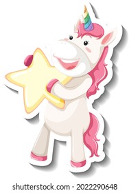 Cute unicorn holding star on white background illustration