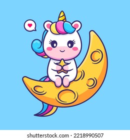 Cute Unicorn Holding Star On Moon Cartoon Vector Icon Illustration. Animal Nature Icon Concept Isolated Premium Vector. Flat Cartoon Style