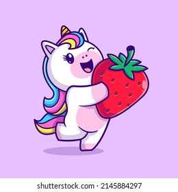 Cute Unicorn Holding Strawberry Cartoon Vector Icon Illustration. Animal Food Icon Concept Isolated Premium Vector. Flat Cartoon Style