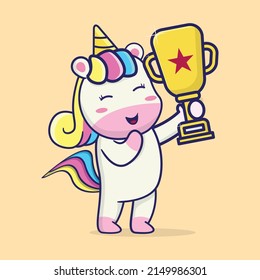 cute unicorn holding a trophy, suitable for children's books, birthday cards, valentine's day, stickers, book covers, greeting cards, printing.