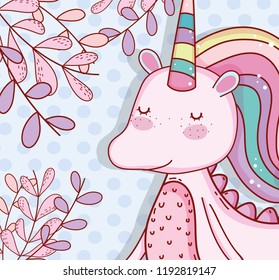 cute unicorn with horn and plants leaves