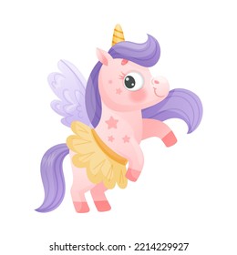 Cute Unicorn with Horn and Purple Mane Wearing Skirt Vector Illustration