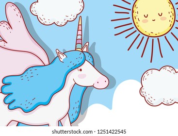 cute unicorn with horn and wings in the clouds
