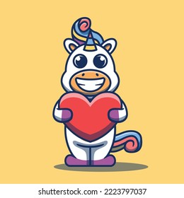 Cute unicorn horse character mascot hugging heart vector illustration. Flat cartoon style.