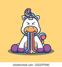 Cute unicorn horse character mascot throwing up rainbow vector illustration. Flat cartoon style.