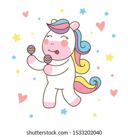 Cute Unicorn Horse Playing Maracas. vector illustration, good for T-shirt.