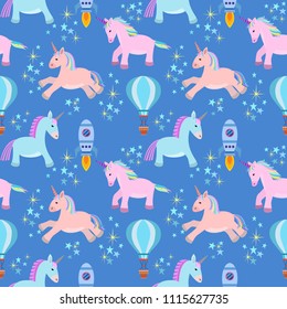 Cute unicorn horse in space seamless pattern.