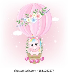 Cute Unicorn in hot air balloon hand drawn cartoon animal watercolor illustration
