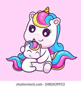 Cute Unicorn Hug Baby Unicorn Cartoon Vector Icon Illustration. Animal Nature Icon Concept Isolated Premium Vector. Flat Cartoon Style
