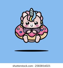Cute unicorn hug big doughnut cartoon