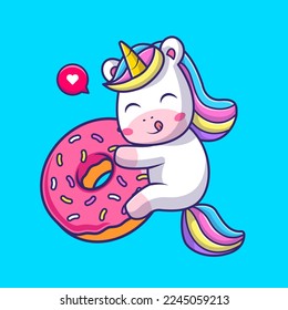 Cute Unicorn Hug Donut Cartoon Vector Icon Illustration. Animal Food Icon Concept Isolated Premium Vector. Flat Cartoon Style