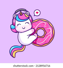 Cute Unicorn Hug Donut With Headphone Cartoon Vector Icon Illustration. Animal Food Icon Concept Isolated Premium Vector. Flat Cartoon Style