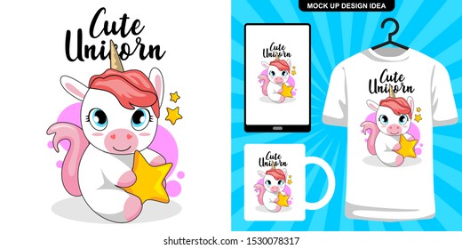 cute unicorn hug a star. cute animal cartoon illustration and merchandising design