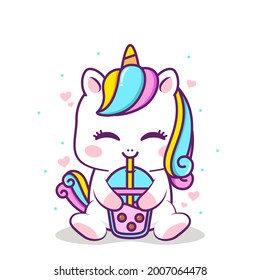 cute unicorn hugging bubble tea