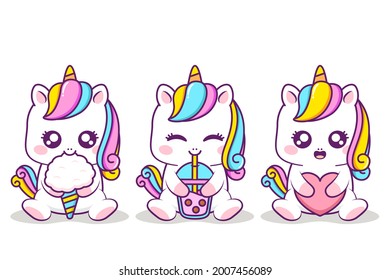 cute unicorn hugging different items