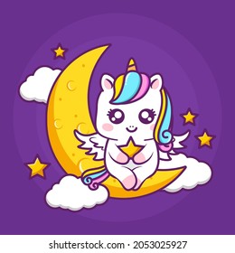 cute unicorn hugging a heart in the moon