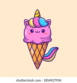 Cute Unicorn Ice Cream Cartoon Vector Icon Illustration. Animal Food Icon Concept Isolated Premium Vector. Flat Cartoon Style